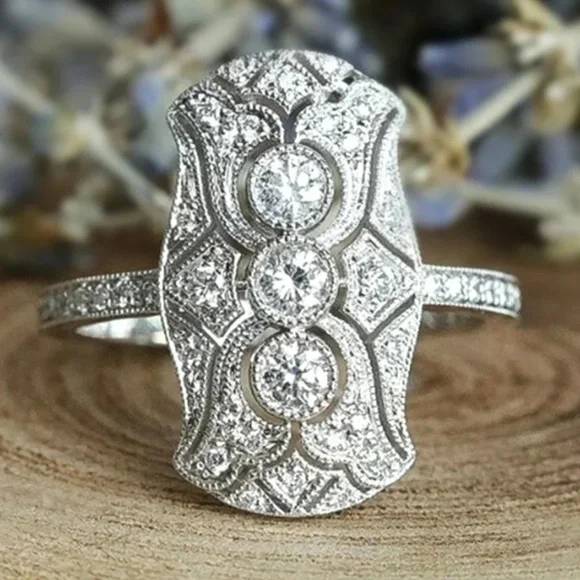 Vintage Inspired Pave Silver Art Deco Ring - Picture 3 of 8